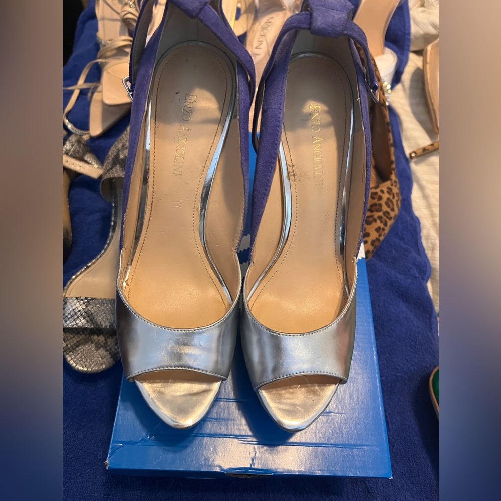 Blue and silver peep toe pump